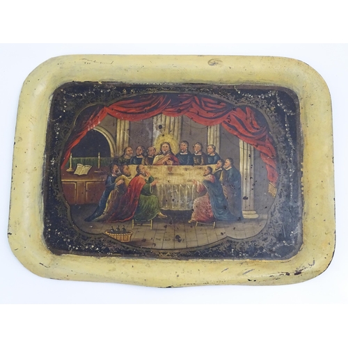 1260 - A Victorian toleware tray with hand painted / tole peinte decoration depicting The Last Supper to ce... 