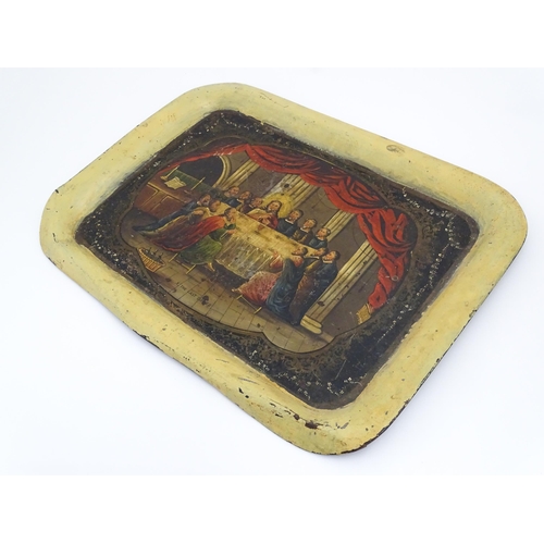 1260 - A Victorian toleware tray with hand painted / tole peinte decoration depicting The Last Supper to ce... 