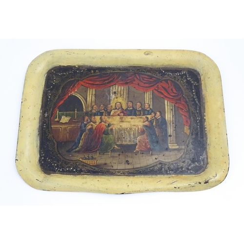 1260 - A Victorian toleware tray with hand painted / tole peinte decoration depicting The Last Supper to ce... 