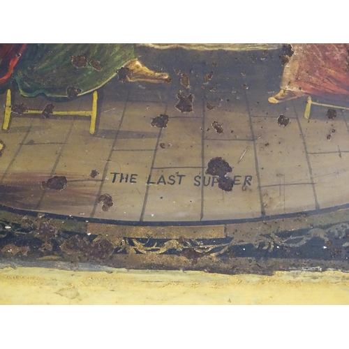 1260 - A Victorian toleware tray with hand painted / tole peinte decoration depicting The Last Supper to ce... 