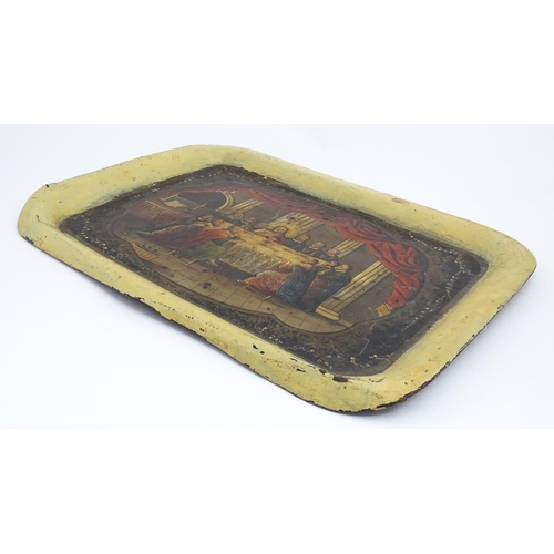 1260 - A Victorian toleware tray with hand painted / tole peinte decoration depicting The Last Supper to ce... 