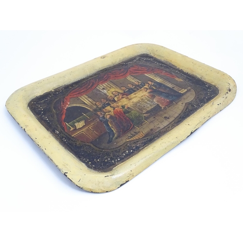 1260 - A Victorian toleware tray with hand painted / tole peinte decoration depicting The Last Supper to ce... 