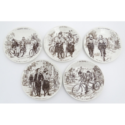 137 - Five French Sarreguemines plates decorated with Cycling scenes designed by H. Gray, titled Lion de P... 