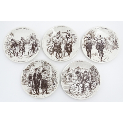 137 - Five French Sarreguemines plates decorated with Cycling scenes designed by H. Gray, titled Lion de P... 