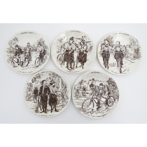 137 - Five French Sarreguemines plates decorated with Cycling scenes designed by H. Gray, titled Lion de P... 