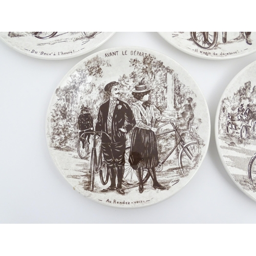 137 - Five French Sarreguemines plates decorated with Cycling scenes designed by H. Gray, titled Lion de P... 