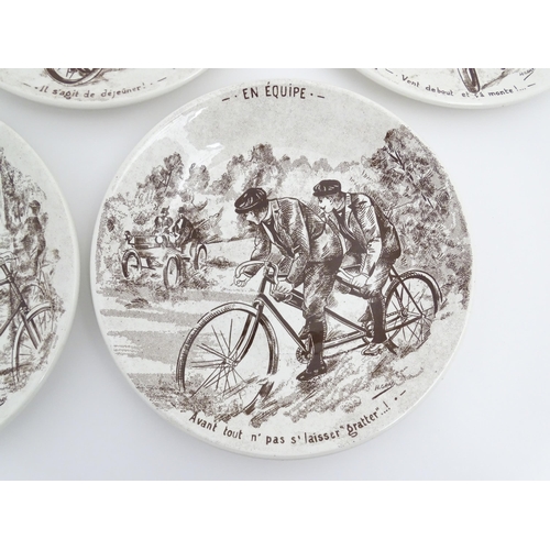 137 - Five French Sarreguemines plates decorated with Cycling scenes designed by H. Gray, titled Lion de P... 