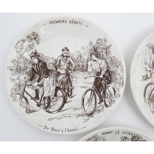 137 - Five French Sarreguemines plates decorated with Cycling scenes designed by H. Gray, titled Lion de P... 