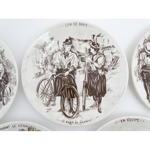 137 - Five French Sarreguemines plates decorated with Cycling scenes designed by H. Gray, titled Lion de P... 