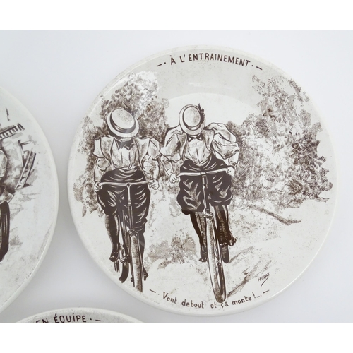 137 - Five French Sarreguemines plates decorated with Cycling scenes designed by H. Gray, titled Lion de P... 