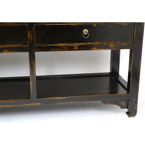 1459 - A 20thC Chinese Ming style sideboard with three hardstone panels to the top, the base having eight s... 