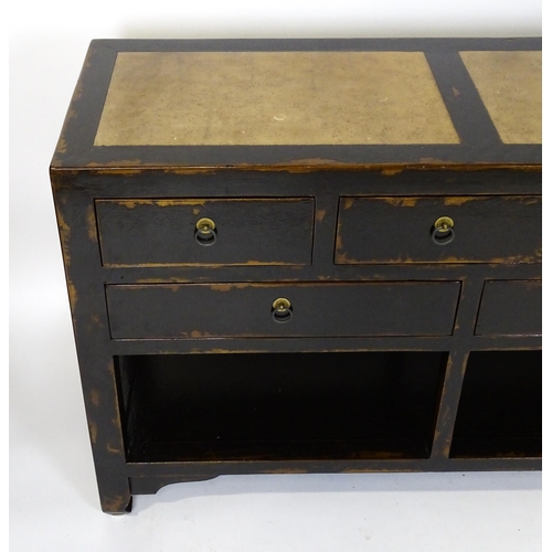 1459 - A 20thC Chinese Ming style sideboard with three hardstone panels to the top, the base having eight s... 