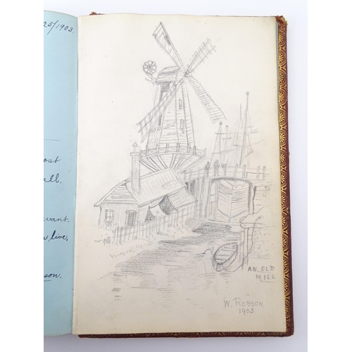 1962 - An early 20thC scrapbook / album to include a sepia watercolour of a sailing boat signed with initia... 