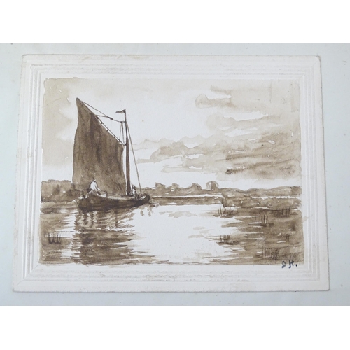 1962 - An early 20thC scrapbook / album to include a sepia watercolour of a sailing boat signed with initia... 