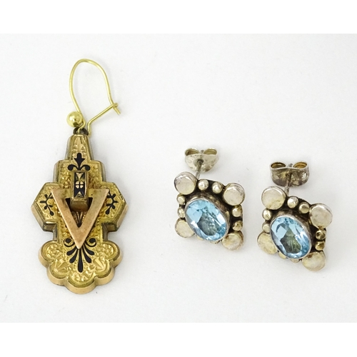 660 - A pair of silver earrings set with blue stones. Together with a single gilt metal drop earring with ... 