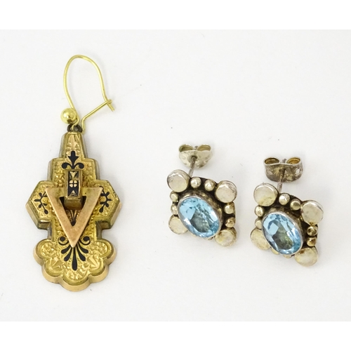 660 - A pair of silver earrings set with blue stones. Together with a single gilt metal drop earring with ... 