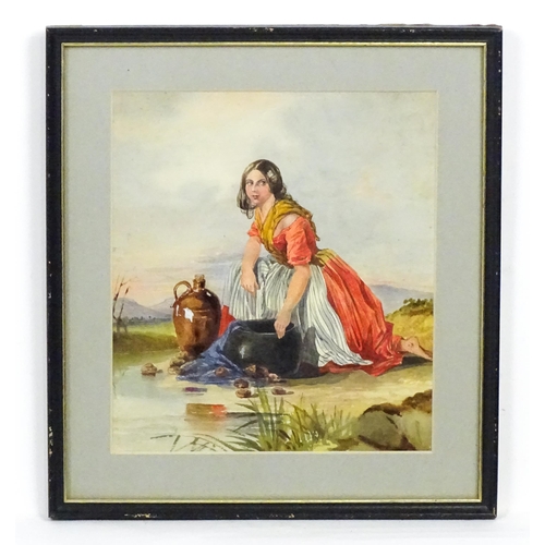 1772 - 19th century, Watercolour, A maid gathering water and washing clothes at a stream. Approx. 10