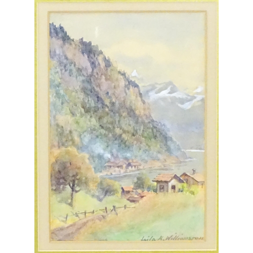 1781 - Leila K. Williamson, Late 19th / early 20th century, Watercolour, A lake scene with a village and mo... 