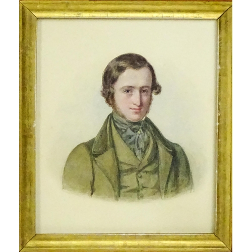 1791 - 19th century, Watercolour, A portrait of a gentleman wearing a dark green coat, waistcoat and cravat... 