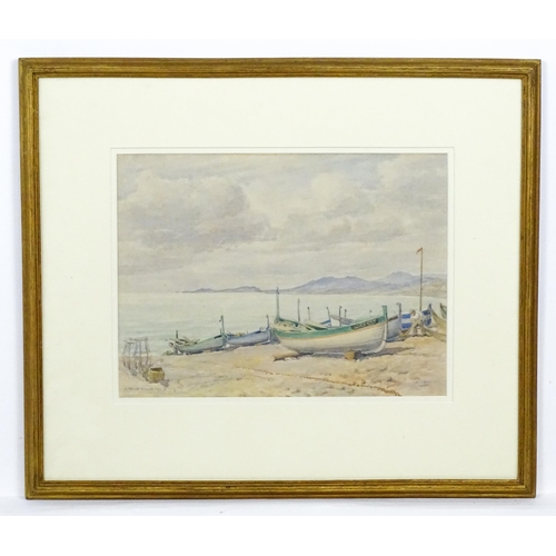 1803 - William Ongley Miller (1883-1960), Watercolour, A coastal scene with boats and fishermen mending net... 