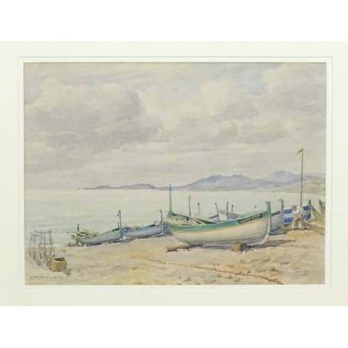 1803 - William Ongley Miller (1883-1960), Watercolour, A coastal scene with boats and fishermen mending net... 