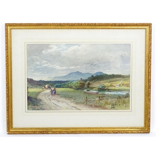 1807 - E. Ellis, Early 20th century, Watercolour, A mountain landscape with figures and a horse drawn wagon... 