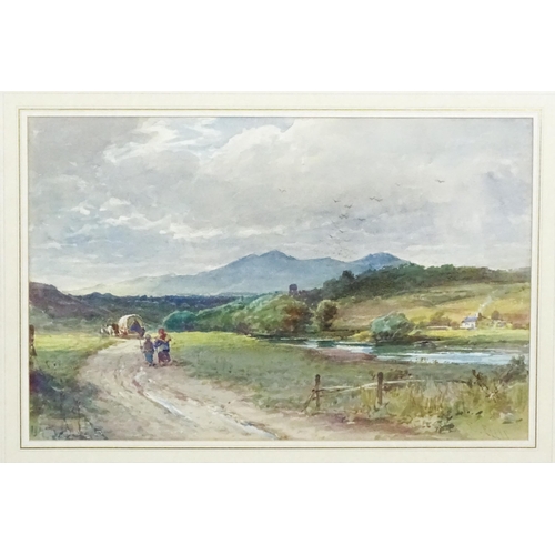 1807 - E. Ellis, Early 20th century, Watercolour, A mountain landscape with figures and a horse drawn wagon... 