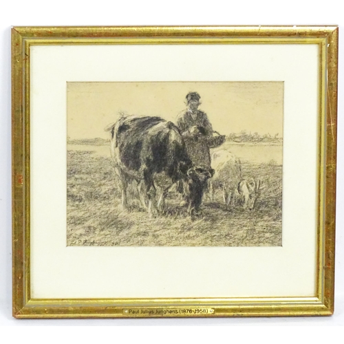 1866 - Paul Julius Junghans (1876-1958), Charcoal on paper, Shepherd with cow and goat. Signed and dated (1... 