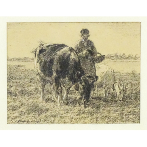 1866 - Paul Julius Junghans (1876-1958), Charcoal on paper, Shepherd with cow and goat. Signed and dated (1... 