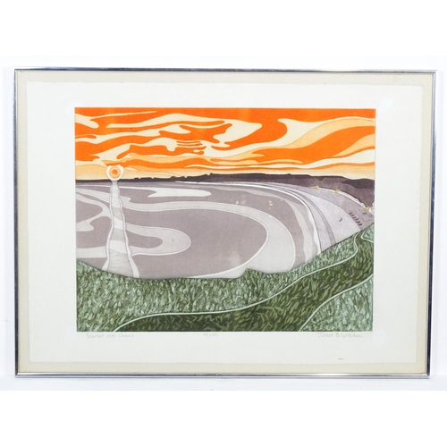 1908 - John Brunsden (1933-2014), Limited edition aquatint, Sunset over Chesil. Signed, titled and numbered... 