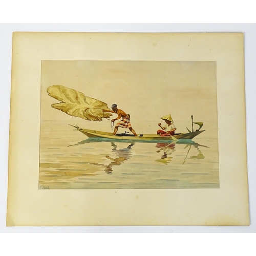 1931 - M. Nor, 20th century, Malaysian School, Watercolour, A Malaysian river scene with fishermen in a can... 