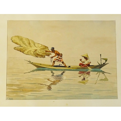 1931 - M. Nor, 20th century, Malaysian School, Watercolour, A Malaysian river scene with fishermen in a can... 