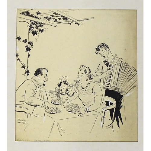 1934 - Helen Madeleine McKie (1889-1957), Pen and ink illustration, Naples Spaghetti, A family dining at an... 