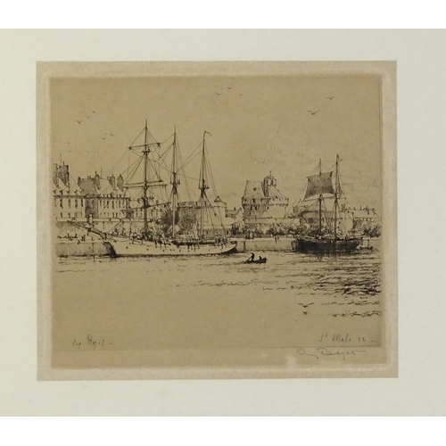 1940 - Eugene Bejot, French School, Signed etchings, St Malo, and L'Eglise de Treboul. Both signed in penci... 