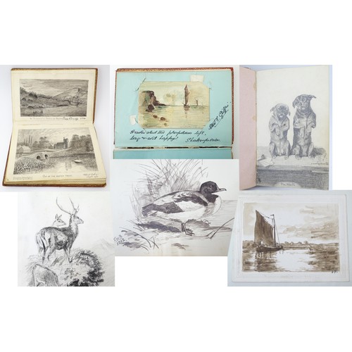 1962 - An early 20thC scrapbook / album to include a sepia watercolour of a sailing boat signed with initia... 