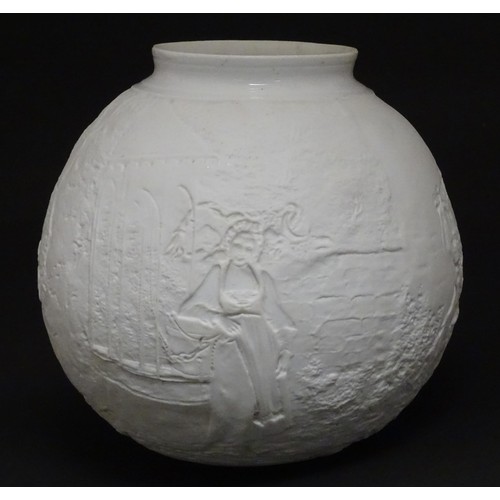 205 - A white parian shade decorated with courting couples in garden scenes. Approx. 6