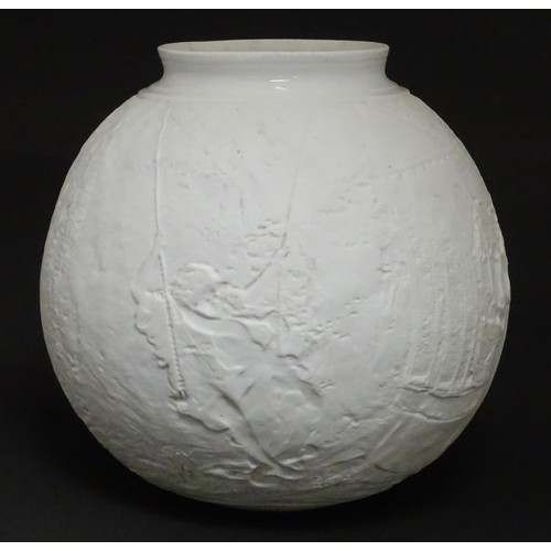 205 - A white parian shade decorated with courting couples in garden scenes. Approx. 6