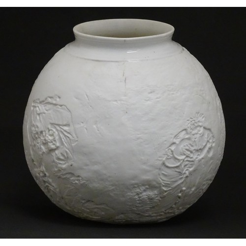 205 - A white parian shade decorated with courting couples in garden scenes. Approx. 6