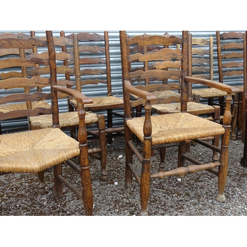 11 - Thirteen assorted 19thC ash and rush seated ladderback dining chairs, to include three carvers, the ... 