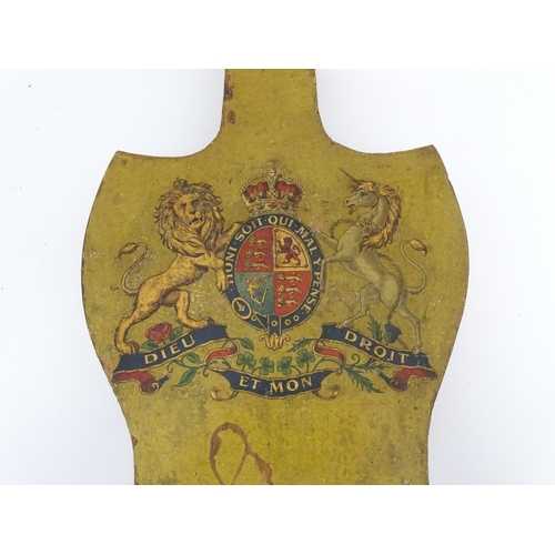 198 - Early 20thC long handled bellows bearing the Royal Coat of Arms and decorated with flowers and folia... 