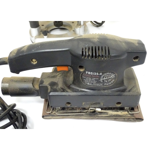 205 - Workshop Tools : a quantity of power tools, to include an Axminster aw-127R router (with manual), a ... 