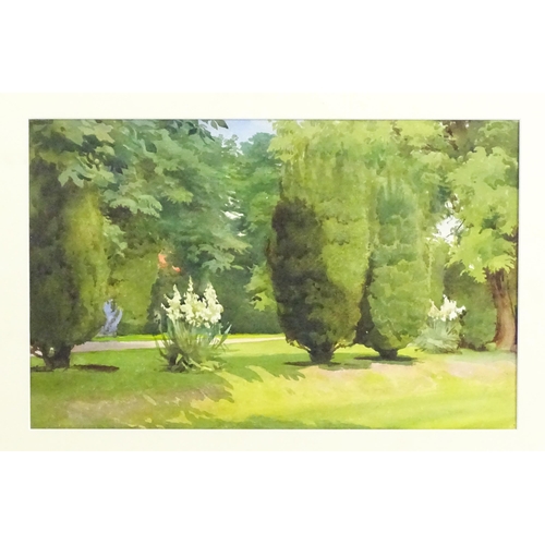 221 - Isobel Baynes Babcock, 20th century, Watercolour, A view of a manicured garden with trees and flower... 