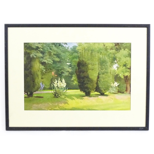 221 - Isobel Baynes Babcock, 20th century, Watercolour, A view of a manicured garden with trees and flower... 