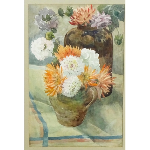 223 - 20th century, Watercolour, Stoneware vases with flowers. Approx. 21 3/4