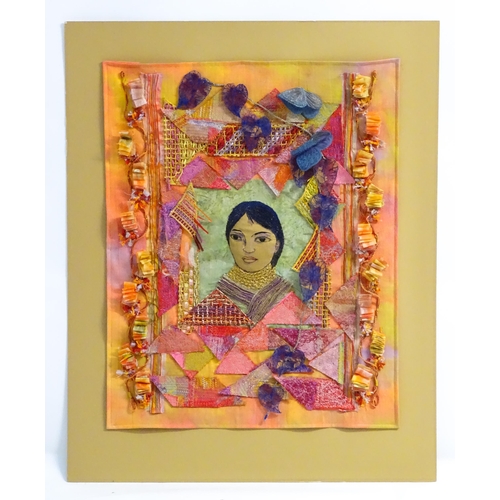 250 - A 20thC fabric collage with portrait to centre, bordered by various woven, embroidered, braided and ... 