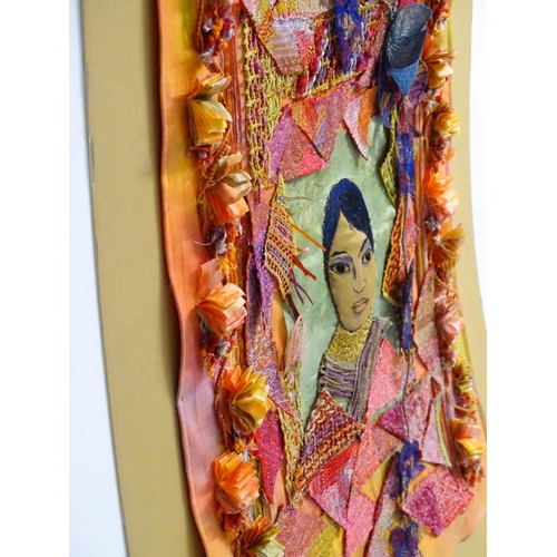 250 - A 20thC fabric collage with portrait to centre, bordered by various woven, embroidered, braided and ... 