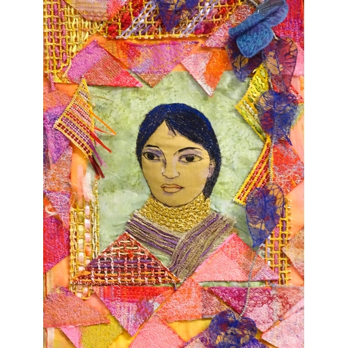 250 - A 20thC fabric collage with portrait to centre, bordered by various woven, embroidered, braided and ... 