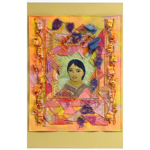 250 - A 20thC fabric collage with portrait to centre, bordered by various woven, embroidered, braided and ... 