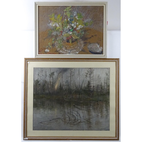 309 - Two 20thC pastels to include a lake landscape scene with trees, and a still life study with flowers ... 