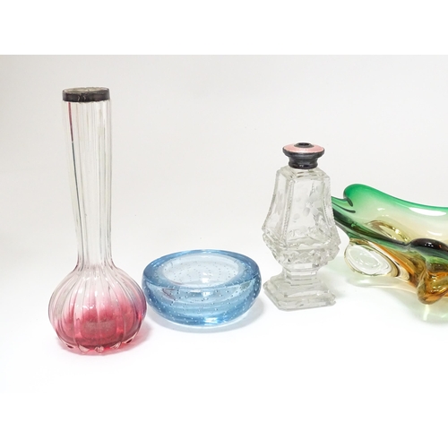 310 - A quantity of assorted studio glassware to include scent bottles, bud vases etc. with a vase having ... 